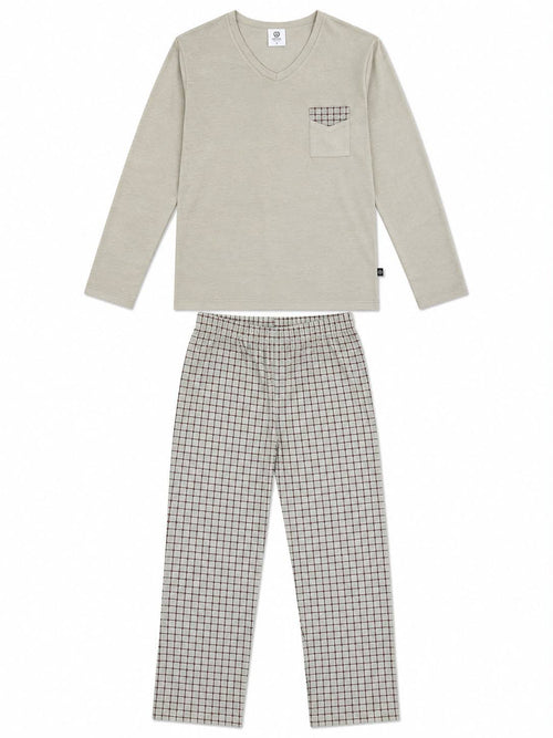 Men's 100% Cotton Pajamas – Long-Sleeve Top with Plaid Pants